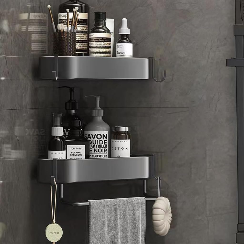 HASTHIP® Bathroom Organizer Rack Triangle Shower Caddy Double Layer Corner Organizer Shelf Rack with Hanging Hooks Stainless Steel Bathroom Rack Organizer for Toiletries,