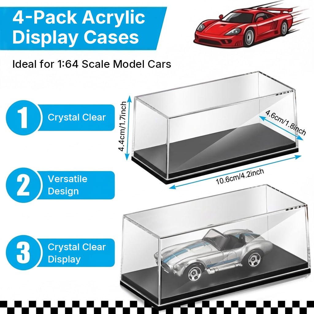 HASTHIP 4-Pack Acrylic Display Cases for 1:64 Scale Model Cars
