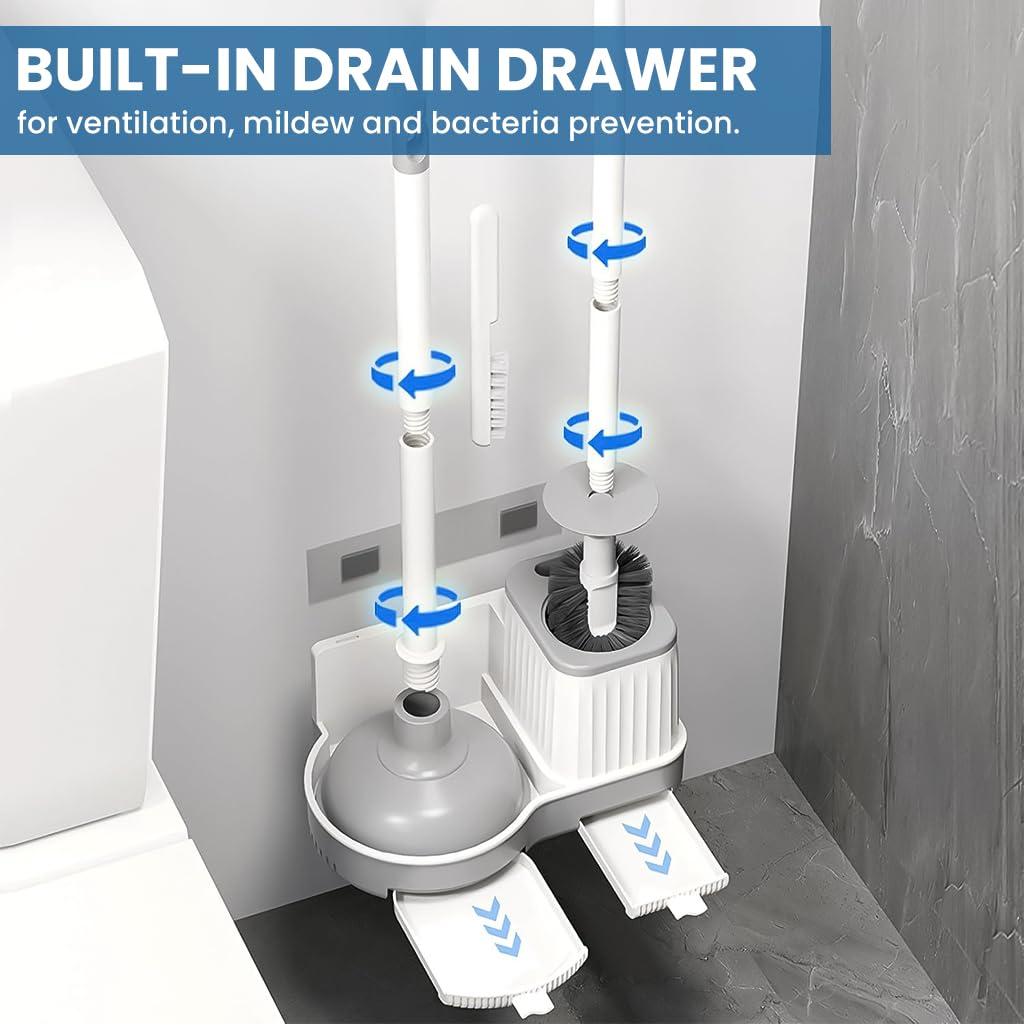 HASTHIP Toilet Brush Kit for Bathroom Cleaning with 3 Piece Set and 360° Deep Scrub | Plunger and Storage Rack
