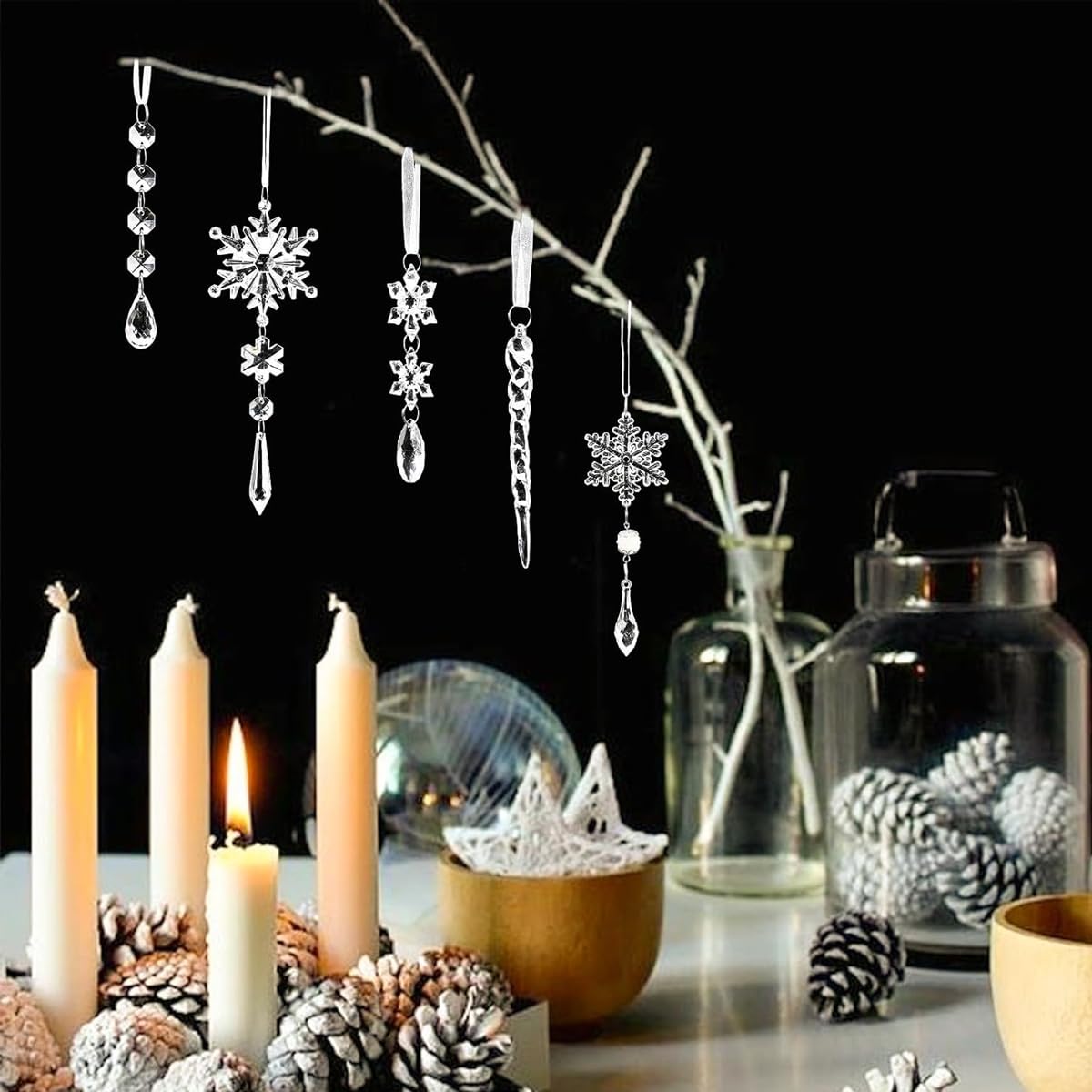 HASTHIP Christmas Tree Hanging Ornament Set featuring 30PCS Crystal Acrylic Snowflakes | Festive Icicle Decorations