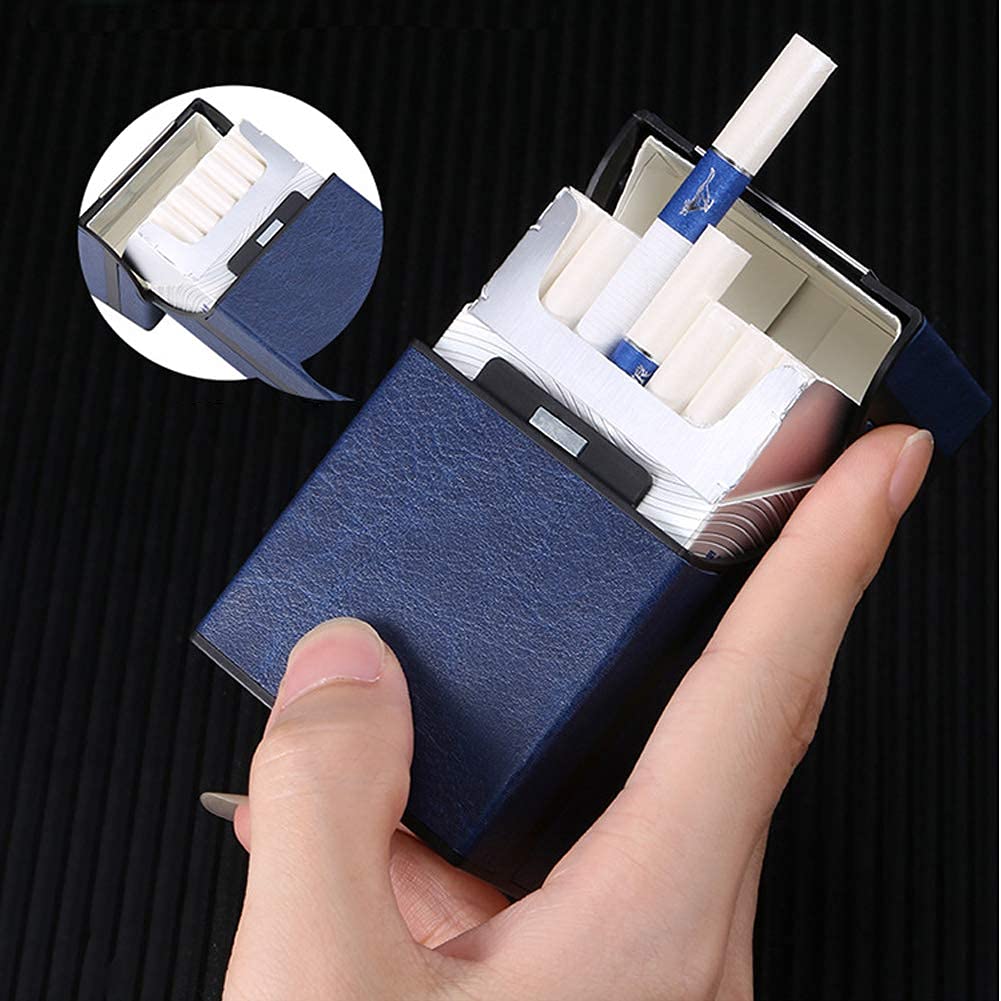 HASTHIP Cigarette Case for 20 Regular Size Cigarettes with Magnetic Flip Top and Blue PU Leather | Compact 9.3 x 6 x 2.7cm Portable Holder