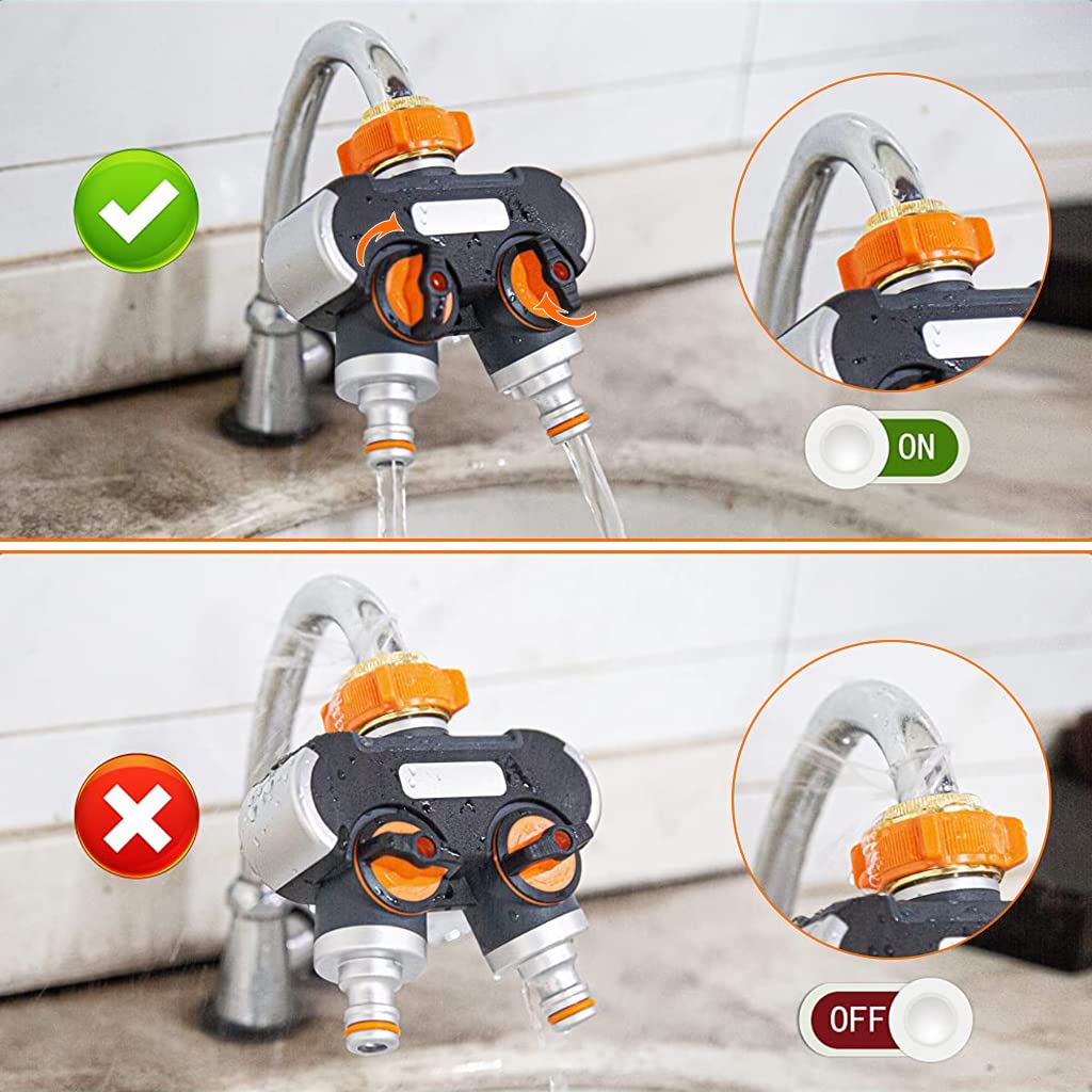 Splitter 2 Way for Tap and Splitter Garden Irrigation, Aluminum Alloy and ABS 3 Way Valve, 3/4 inch and 1/2 inch Water Tap Connectors