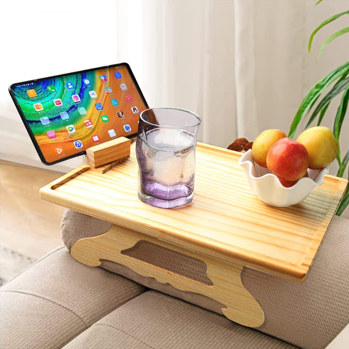 HASTHIP Sofa Armrest Wooden Tray for Work and Relaxing with 360° Rotatable Phone Holder | Eco-Friendly Bamboo Folding Table