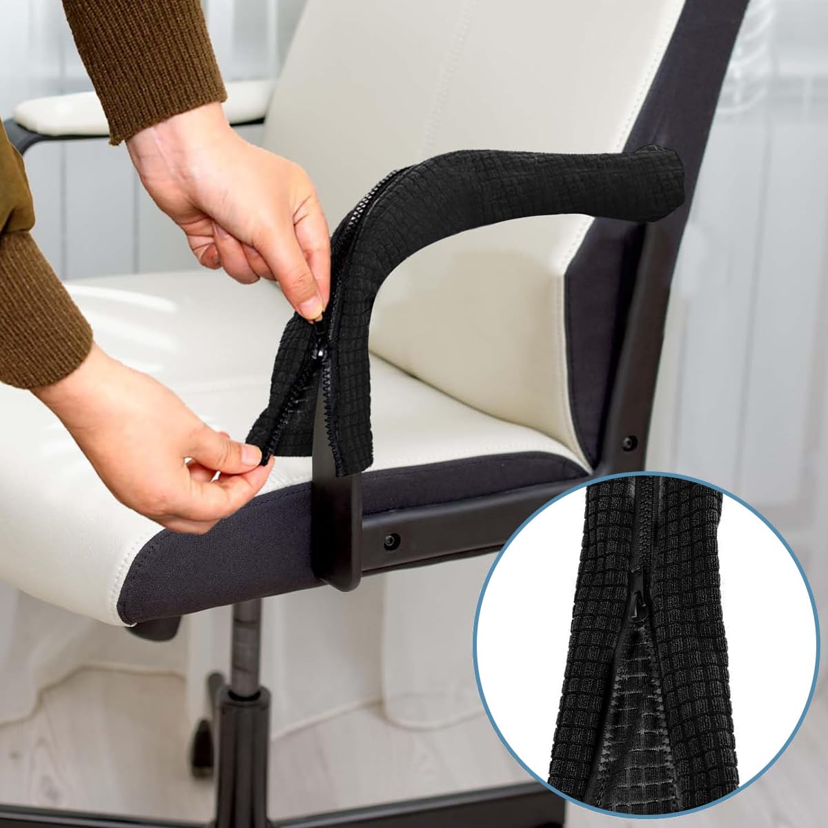 2Pcs Office Chair Armrest Covers, Stretch Chair Armrest Covers, Zipper Chair Slipcover, Removable Arm Rest Covering, Arm Covers Protectors for Office Chair, Game Chair, Wheelchair (Black)