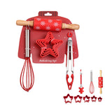 HASTHIP® Set of 9Pcs Christmas Festive Baking Set, 5 Sizes Star-Shaped Cookies Cutters, Silicone Tipped Tongs, Egg Beater, Snowflake Printed Wooden Dough Rolling Pin, Christmas-Themed Kitchen Tools
