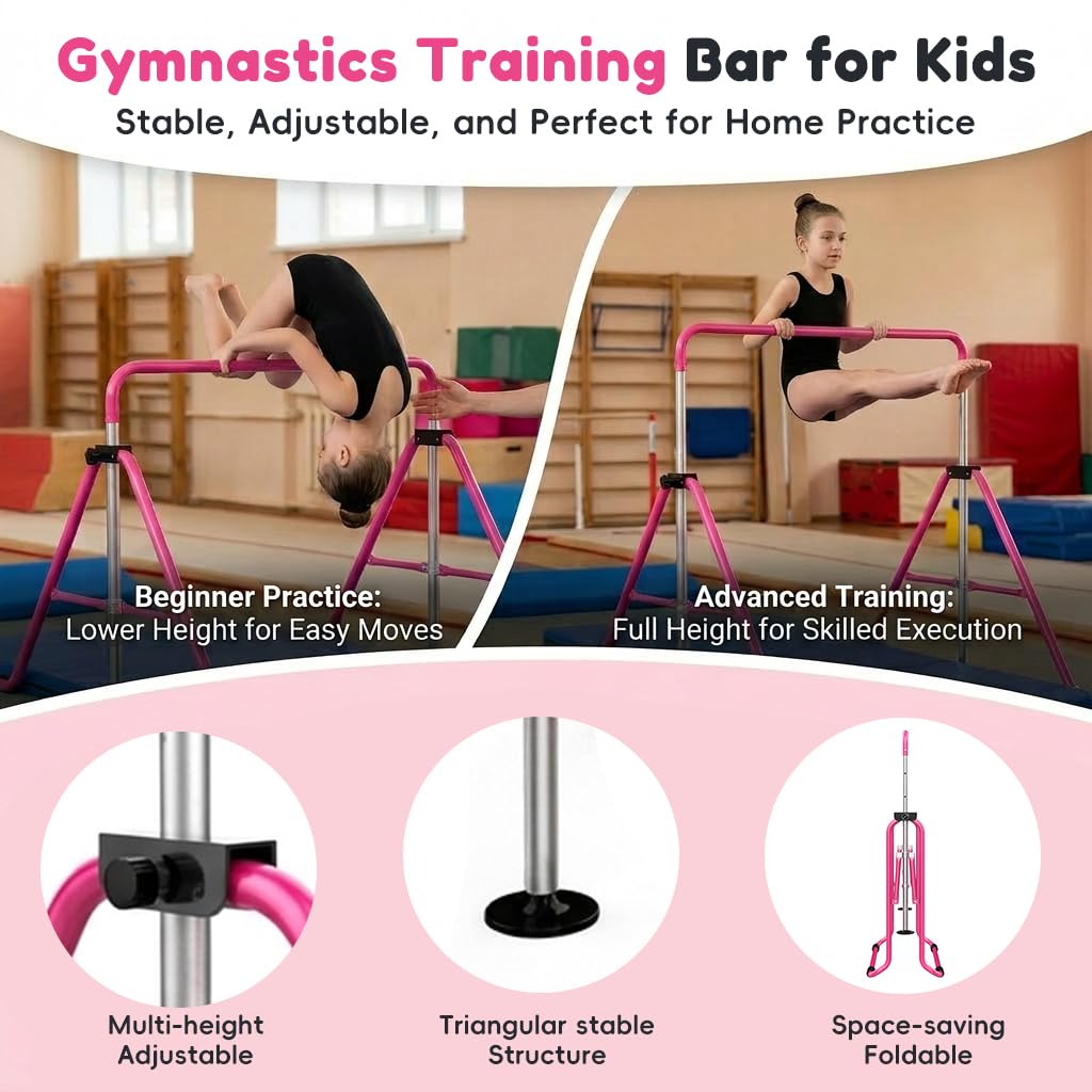 HASTHIP® Kids Gymnastics Horizontal Bar, 80-130cm Adjustable Height Training Bar for Children, Junior Kip Bar with Sturdy Steel Frame & Non-Slip Base, 330lbs Loading Capacity