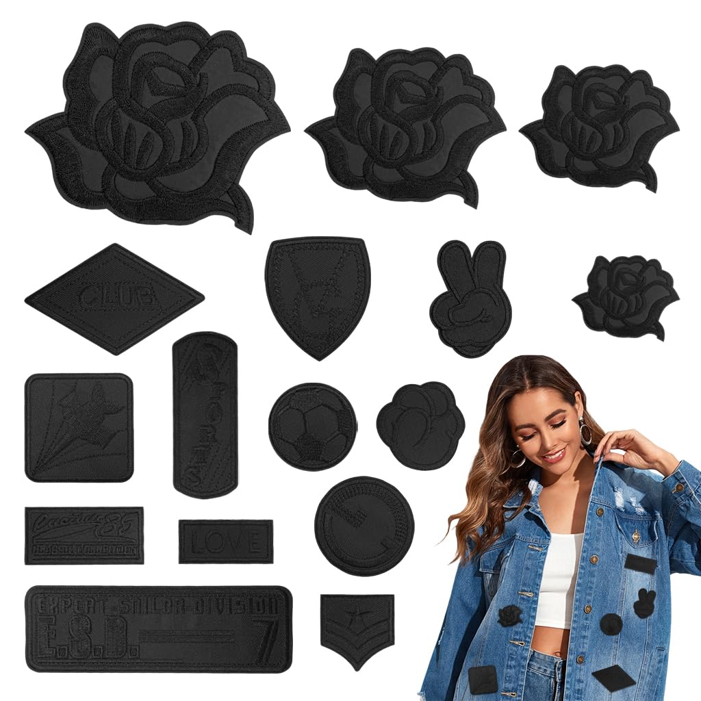 HASTHIP® 16PCS DIY Patches for Jackets, Sticker for Jacket Repair, Self Adhesive Appliques, No Repeat Designs for Clothing Bags Jackets Repair and Decoration