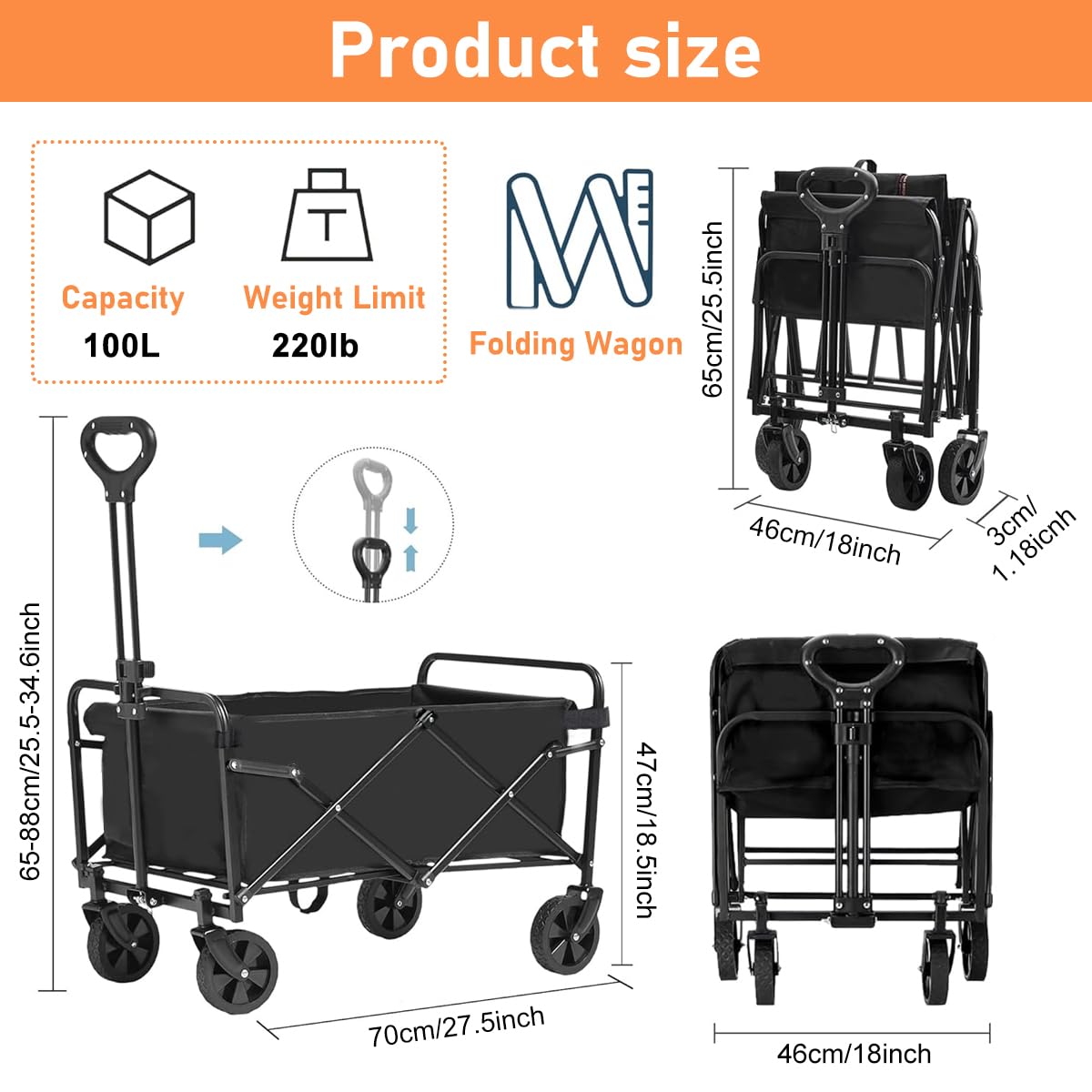HASTHIP® Collapsible Camping Cart for Beach, Garden, Camping, Sport with Universal Wheels & Adjustable Handle, Heavy Duty Carbon Steel Frame Folding Wagon, Max 100kg, 100L