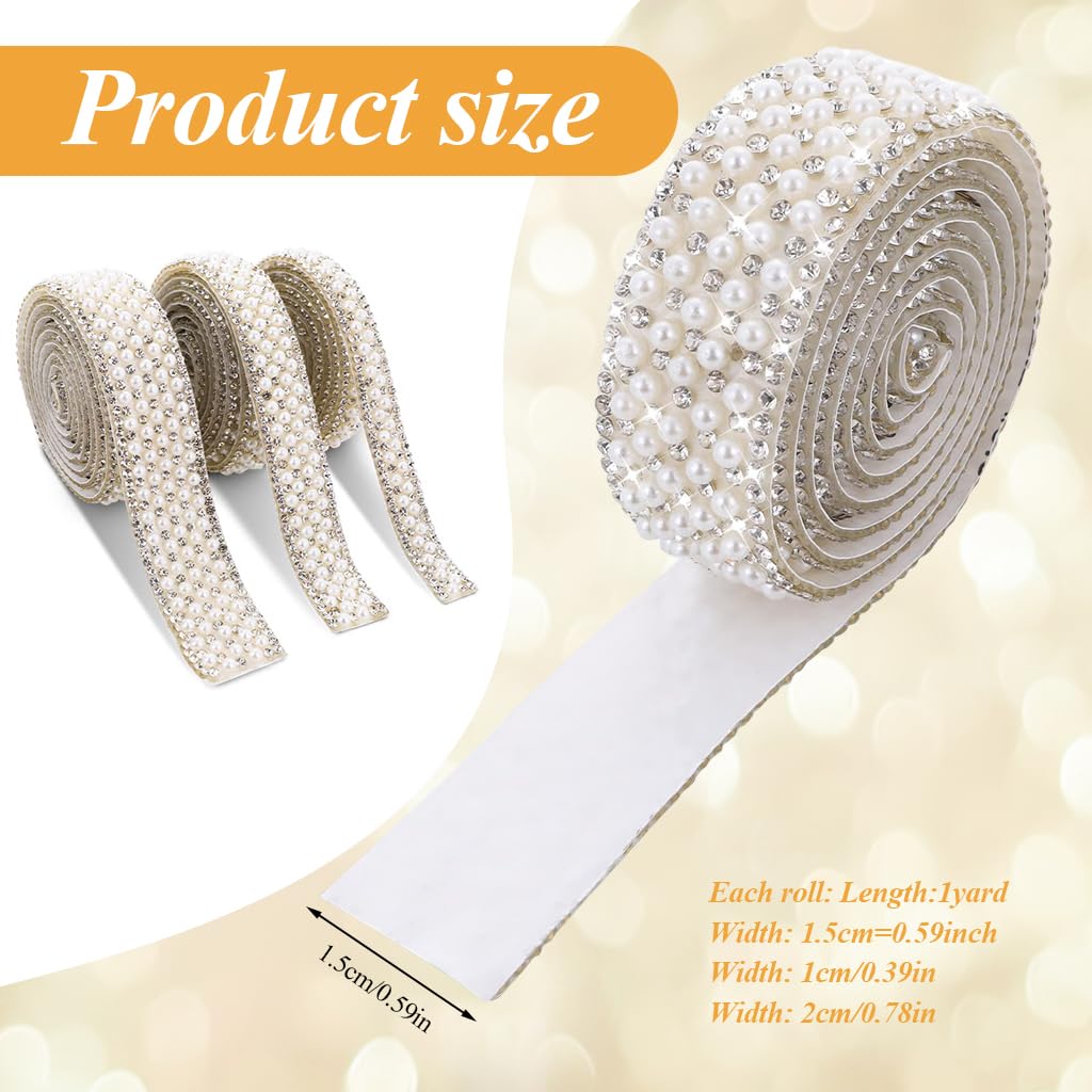 HASTHIP Pearl Rhinestone Ribbon Tape for DIY Decoration featuring Self Adhesive Strips 3 Rolls 1cm 1.5cm 2cm | 1 Yard Per Roll