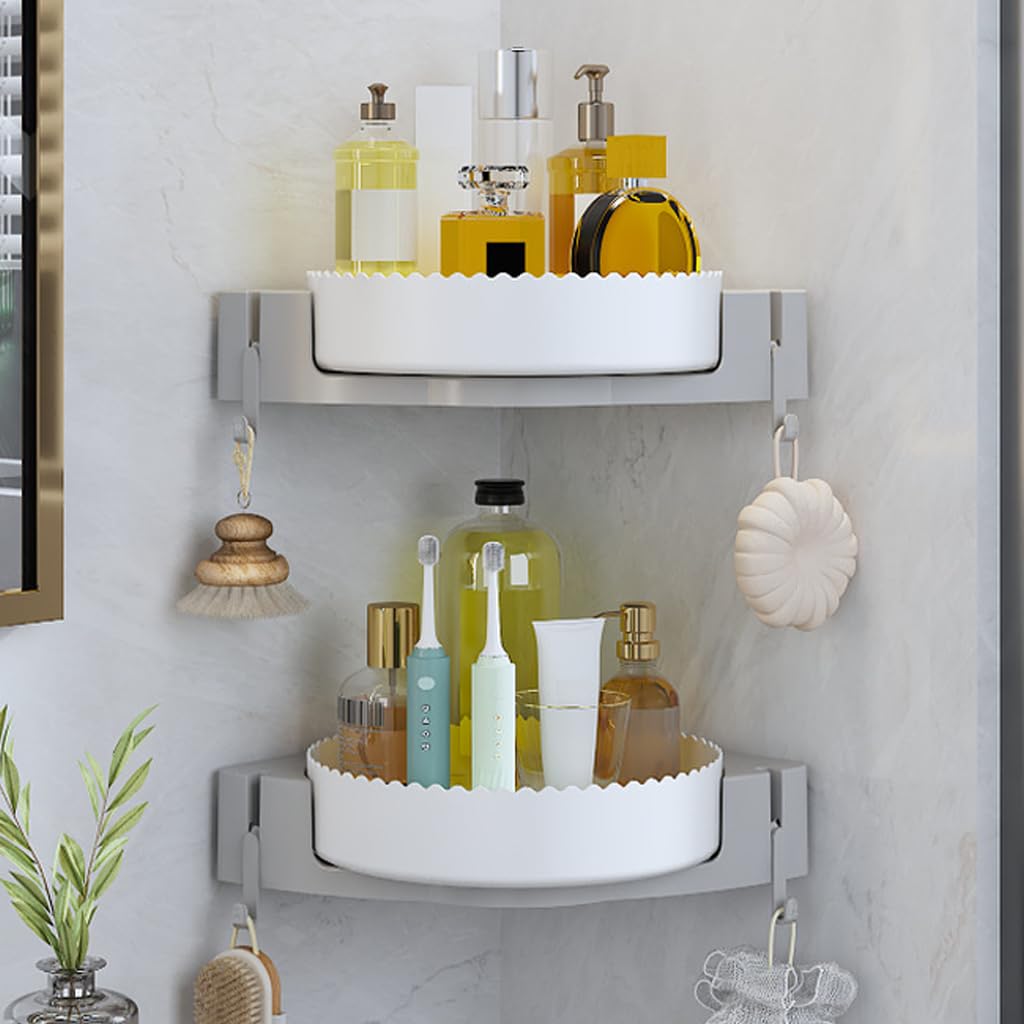 HASTHIP Bathroom Corner Shelves for Toiletries with 360° Rotating Design and Hooks | No-Drill 2Pcs Set