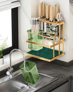 HASTHIP Kitchen Organizer Rack for Countertop and Wall Mounting with Dual Cutlery Cases | 20x15x22cm Carbon Steel Golden Finish