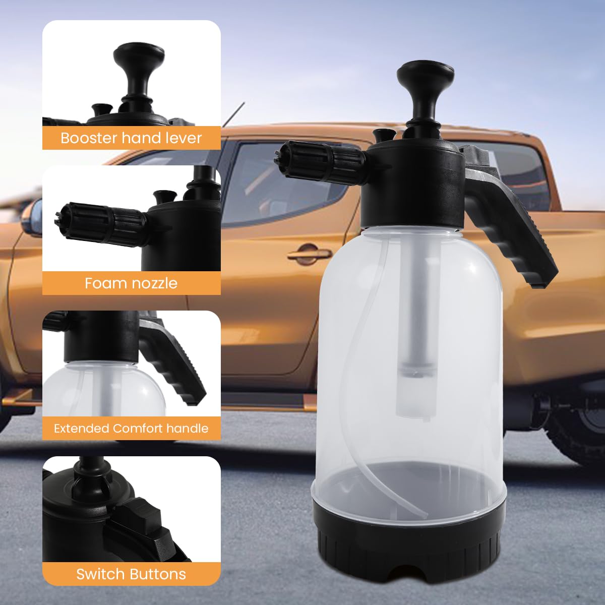 HASTHIP® 2L High Pressure Manual Foam Spray Durable Plastic & Safety Valve Car Foam Sprayer 2 Nozzles for Versatile Use Ideal for Car Washing, Plant Watering, Household Cleaning