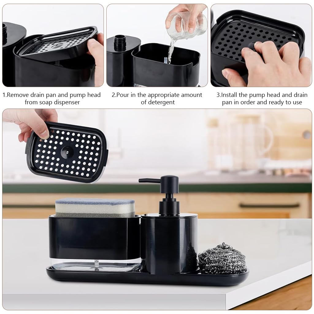 HASTHIP Metal Kitchen Soap Dispenser Set for Sink Organization with Sponge Rack Tray and Dishcloth Holder Black 3 PCS