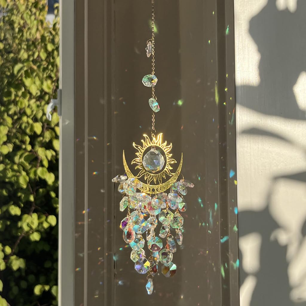 HASTHIP® Crystal Wind Chimes 14.96 Inches Hanging Garden Wind Chimes Color Crystal Shining Wind Chime Golden Sun Crescent Decorative Wind Chimes for Balcony, Garden House Warming Gift