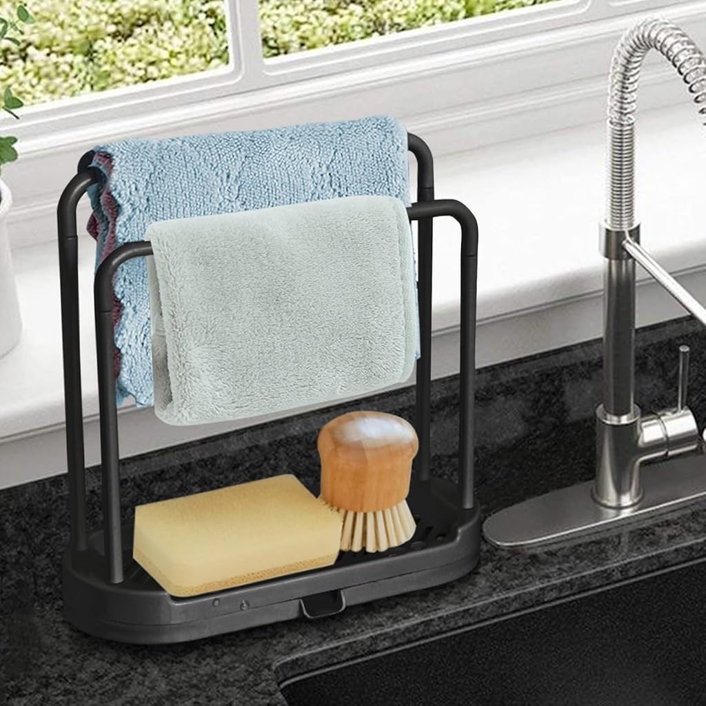 HASTHIP Kitchen Dish Cloth Rack for Countertop Use with Dual Row Design and Removable Drip Tray