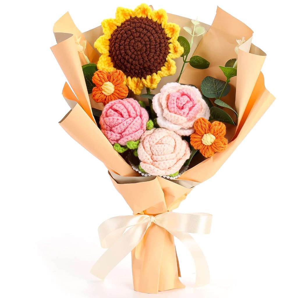 HASTHIP Crochet Flower Bouquet for Desk Decoration with 6 Fabric Sunflowers and Roses | Box Gift for Women