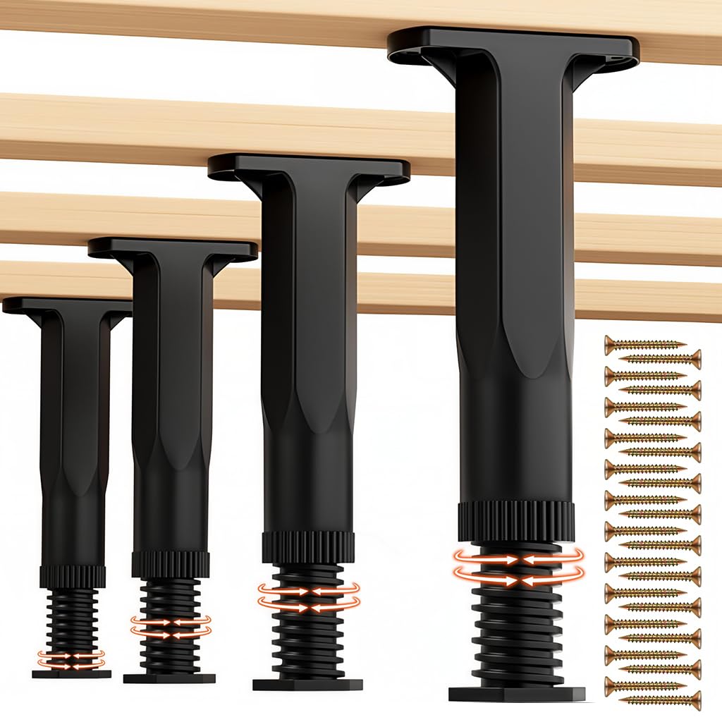 HASTHIP® 4 PCS Adjustable Bed Frame Support Legs (7"-13.3"), Heavy Duty Metal Furniture Legs for Bed, Sofa, Cabinet, Dresser, Table, Replacement Height Adjustable Center Slat Reinforcement -