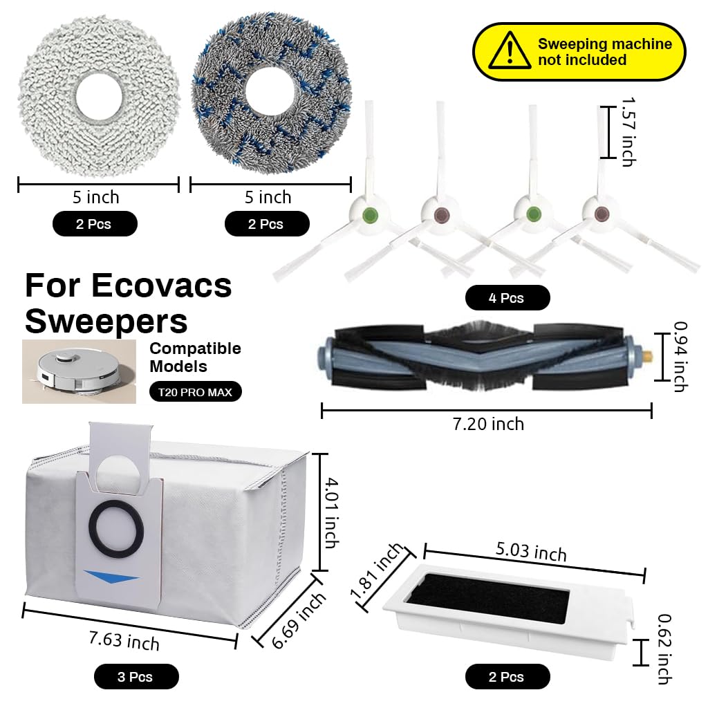 HASTHIP® Replacement Parts for ECOVACS Deebot T20 Omni/PRO/MAX T20 Pro/Max Plus Vacuum Cleaner Accessories 1 Main Brush, 4 Side Brushes, 4 Mop Cloth, 3 Dust Bags, 2 Filters