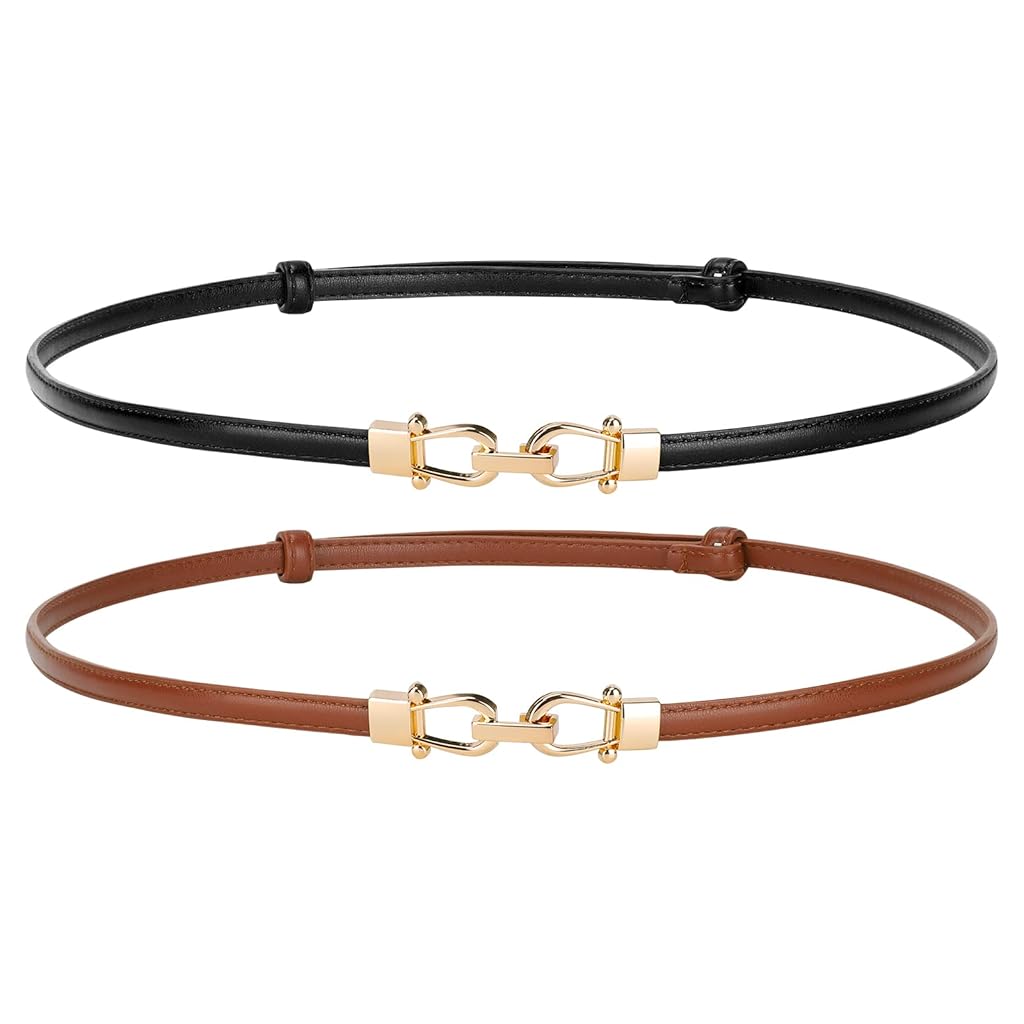 HASTHIP® LeatherSkinny Cinturón Delgado de Piel Genuina para Mujer con Hebilla Dorada Ajustable, Cinturón Elegante para Jeans, Vestidos, Faldas y Pantalones