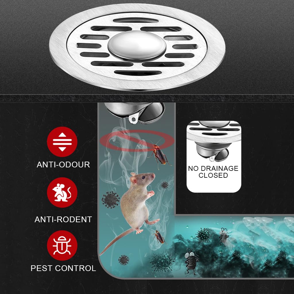 HASTHIP Stainless Steel Floor Drain for Bathroom with Self Closing Anti Odor Design | Fits 4–8.5cm Pipes