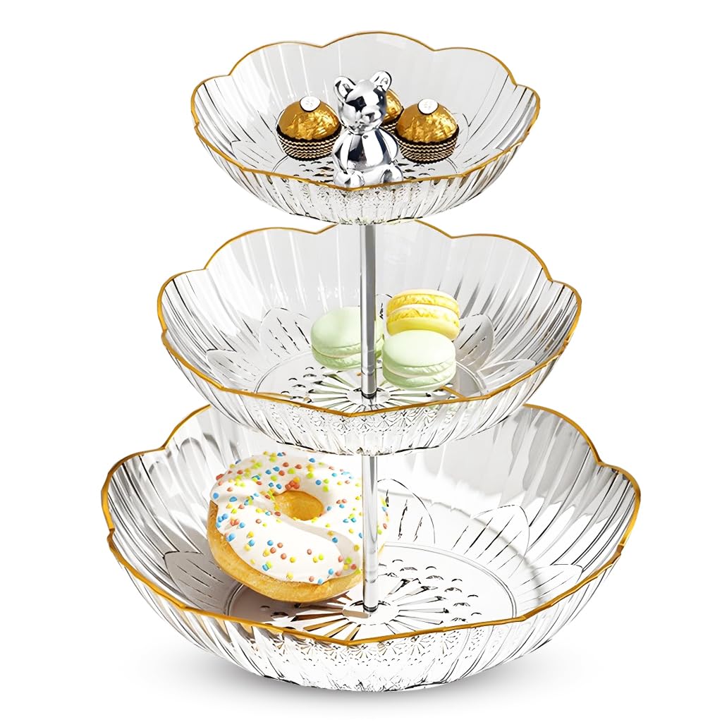 HASTHIP Silicone 3 Tier Dessert Serving Tray for Weddings with Golden Edges and Bear Handle