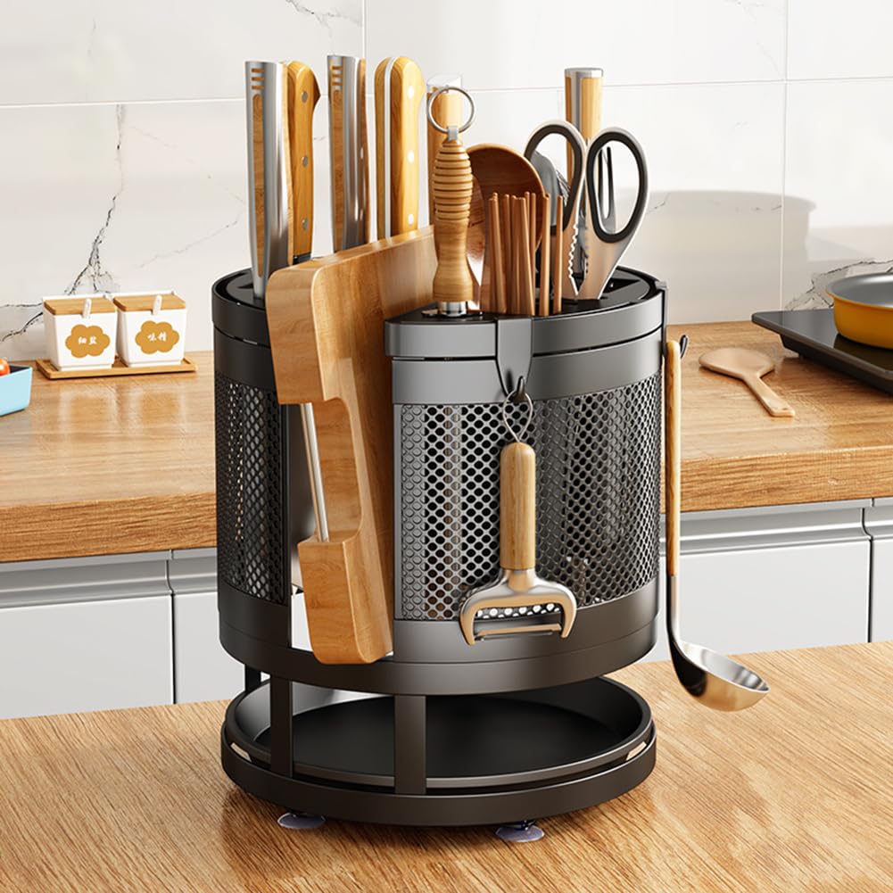 HASTHIP® Kitchen Organizer Rotatable Carbon Steel Multi Compartment Modern Kitchen Utensil Organizer Tableware Draining Rack Cutting Board Rack Cutter Holder Storage Holder with 4 Hooks, 23.5x24cm