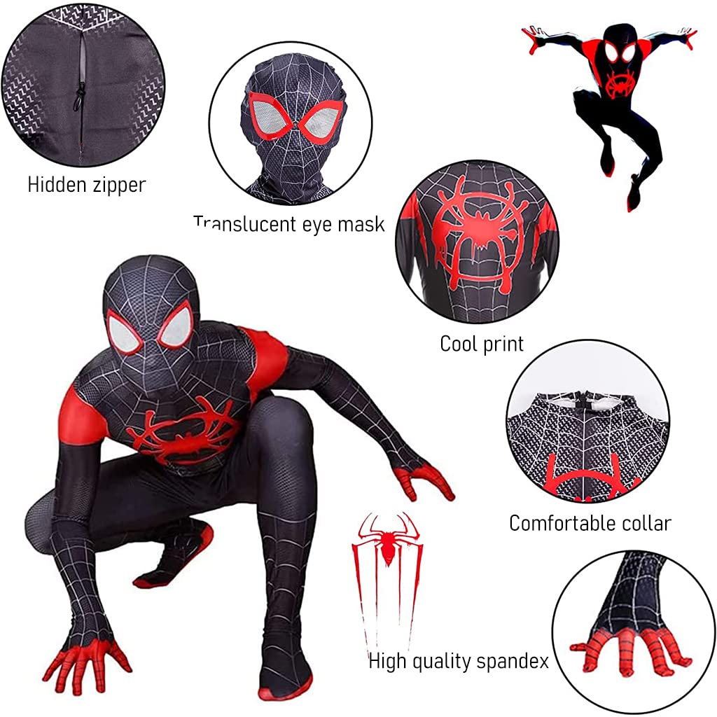HASTHIP® Kids Spiderman Dress, Miles Morales Spider Man Costume for Kids, Superhero 3D Lenses Black Spider-Man Suit, Silk-Feel Fabric Fancy Jumpsuit & Mask for Boys Gift Halloween Cosplay XXL