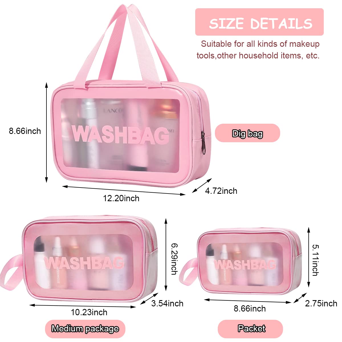 MAYCREATE® 3 Pcs Clear Makeup Pouch Set Cosmetic Organizer Bag for Women and Girls Travel Waterproof Toiletry Storage Kit for Home Travel Use (Pink)