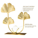 HASTHIP Golden Ginkgo Leaf Desk Decoration with Crystal Ball Centerpiece 12x6x18cm | Elegant Wrought Iron Home and Office Ornament