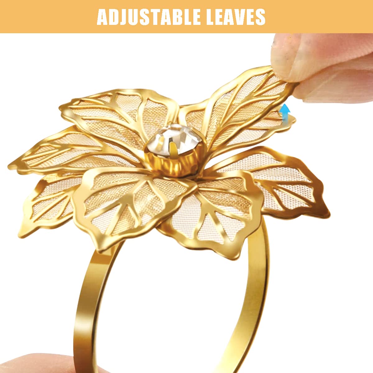 HASTHIP Napkin Rings for Dinner Table featuring Flower Rhinestone Design 6 Pcs Gold Set
