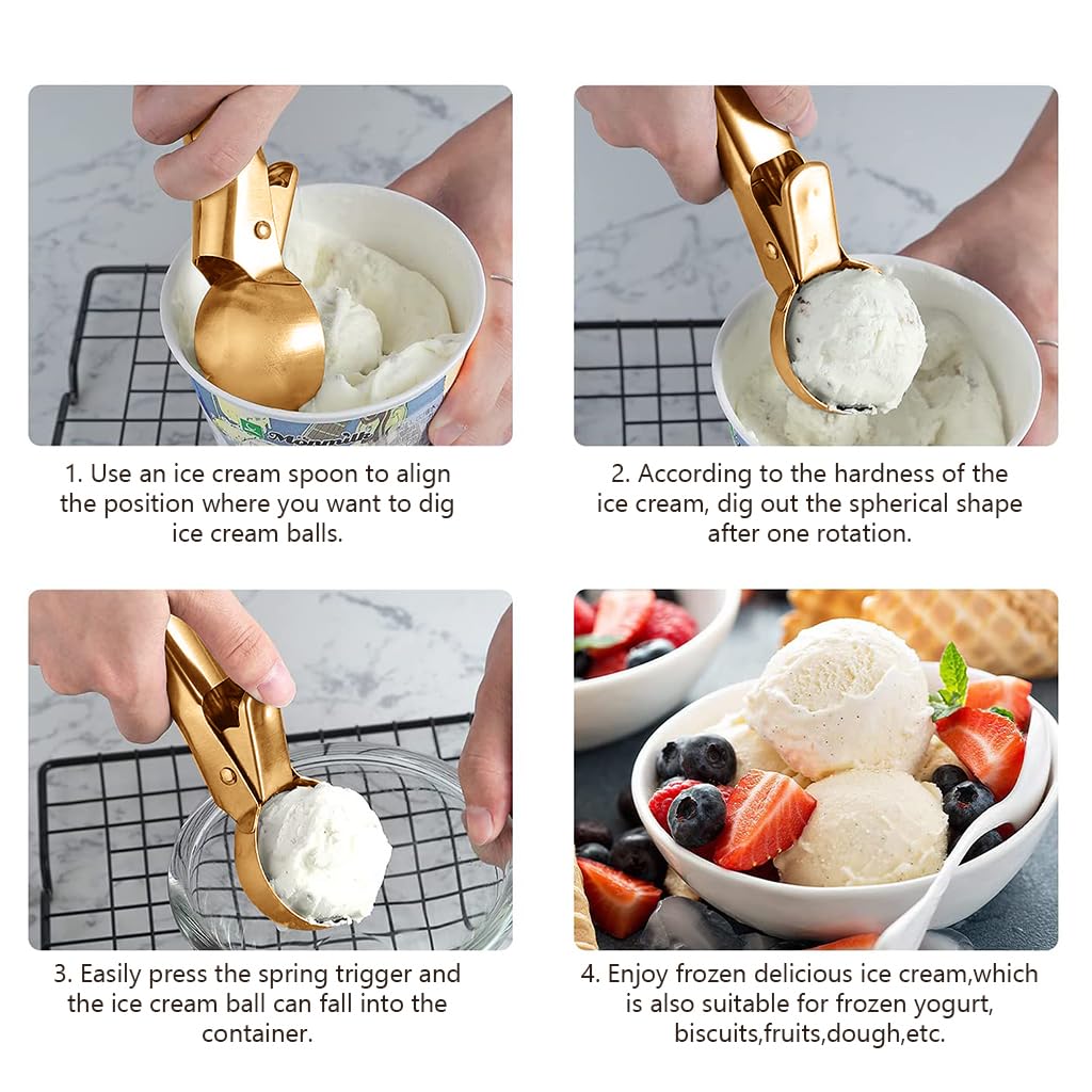 HASTHIP Ice Cream Scoop for Dessert and Fruit with Easy Trigger Lever 7 in Golden Stainless Steel Handle