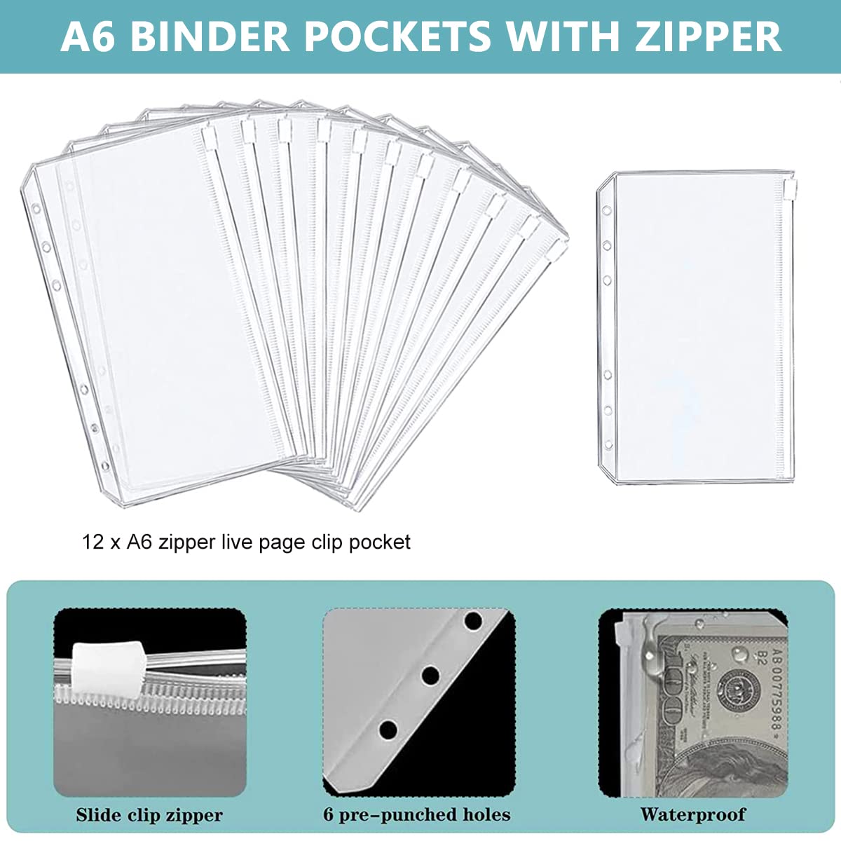 File Folder Ring Binder Notebook Set, A6 PU Leather Binder Clip with 12 Envelopes, 12 Budget Sheets, 2 Label Stickers, 1 Ruler, Ring Binder Clip Stationery Supplies (Blue)