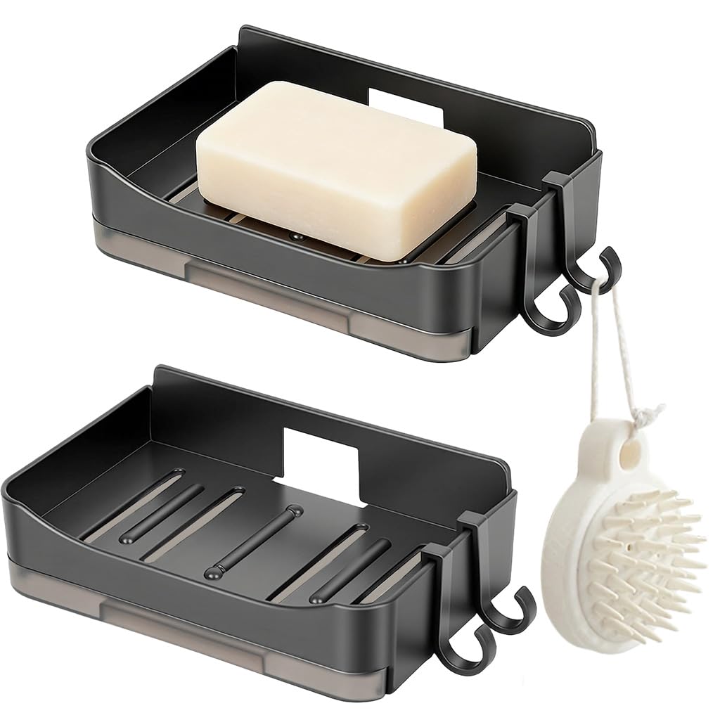 HASTHIP® Soap Dish with Hook and Draining Tray,Bar Soap Holder and Tray with Adhesive Strips,Wall Mounted Saver for Bathroom Kitchen - Black