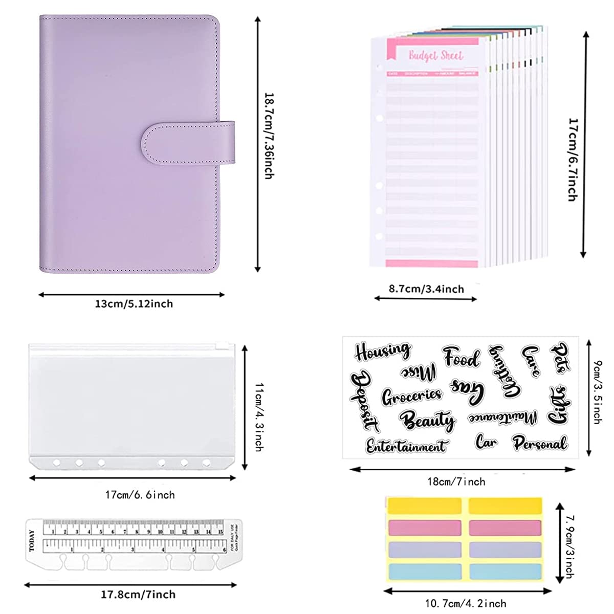 HASTHIP File Folder Ring Binder Notebook for Budget Organization with 6 Rings and 8 Envelopes | A6 PU Leather Purple Set
