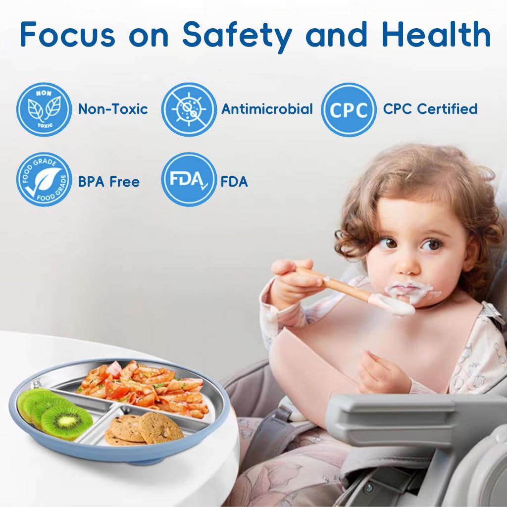 HASTHIP Kids Food Plate for Toddler Self Feeding with Suction Cups featuring 9 in 3 Compartment Stainless Steel Design