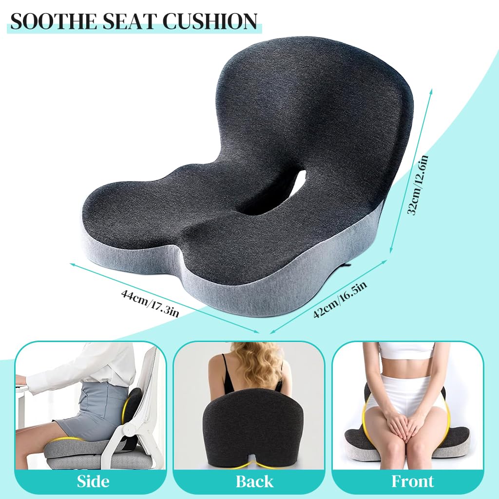 HASTHIP® Memory Foam Seat Cushion for Office Chair, Car & Truck, Ergonomic Coccyx & Tailbone Pain Relief Cushion with Lumbar Back Support, Non-Slip Large Chair Pad for Long Sitting - Dark
