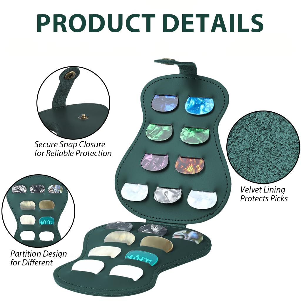 HASTHIP Guitar Pick Holder Case for 18 Picks featuring Bi Fold Design with Snap Closure and Green PU