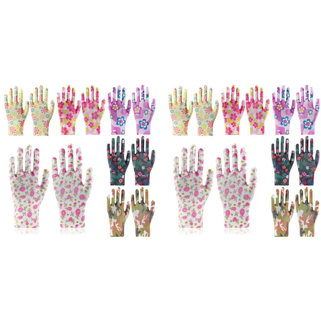 HASTHIP Gardening Gloves for Women with Full Palm Anti Slip Grip 6 Pairs Nylon Floral Print
