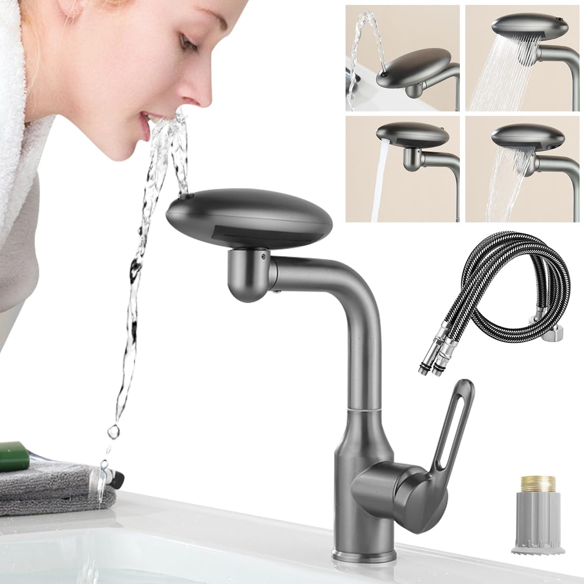 HASTHIP® Waterfall Bathroom Sink Faucet, 4 Modes Single Hole Bathroom Faucet, 360° Rotating Single Handle Bathroom Faucet 1 Hole, Modern Swivel Bathroom Faucet, with 1/2" Hose, Gray