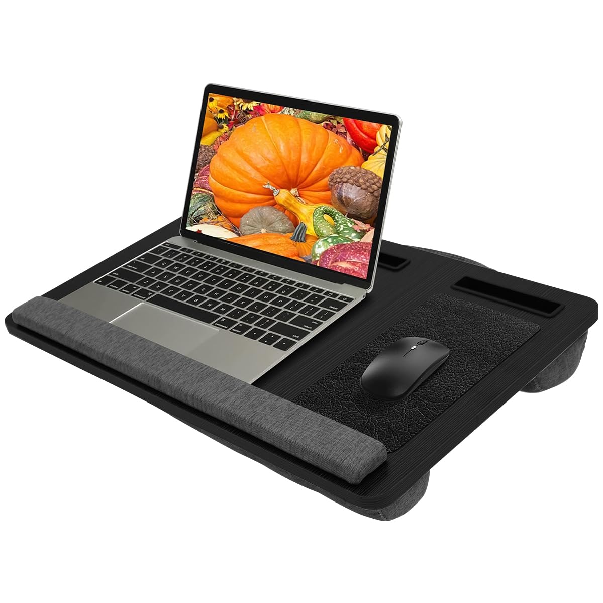 HASTHIP® Laptop Top Table On Knee,Mobile On-Knee Desk with Mouse Pad,Tablet & Phone Slot Arm Wrist Rest Backside Soft Table Riser Design Writing Desk Mobile On Knee Wooden with Handle