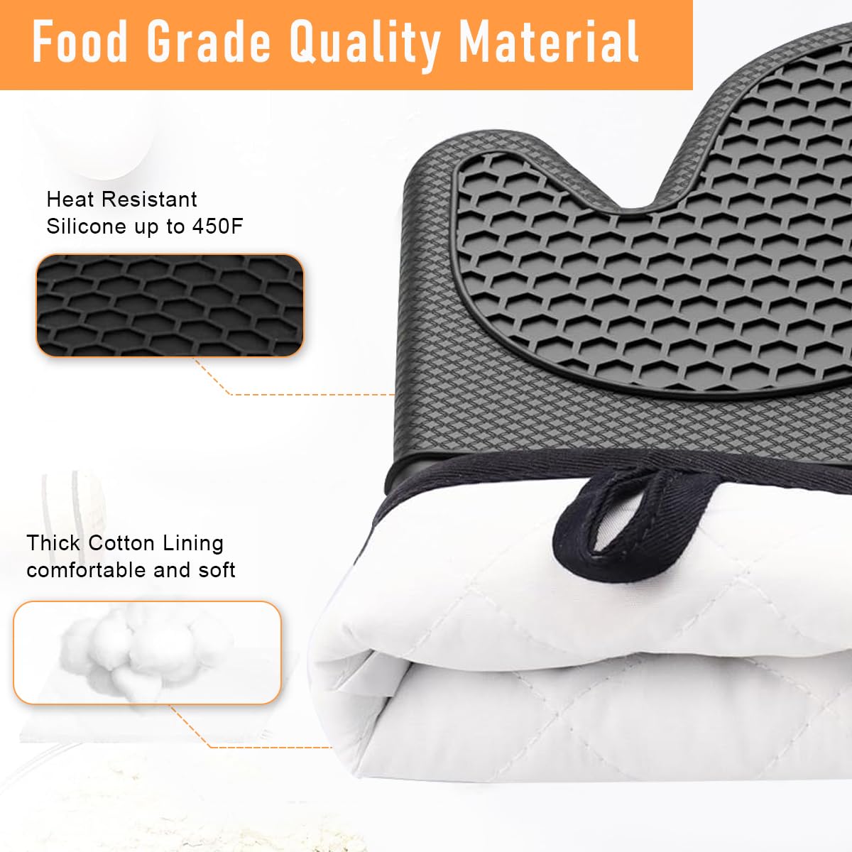 HASTHIP Oven Gloves for Cooking with Anti Slip Palm and Thicken Cotton Padding Black