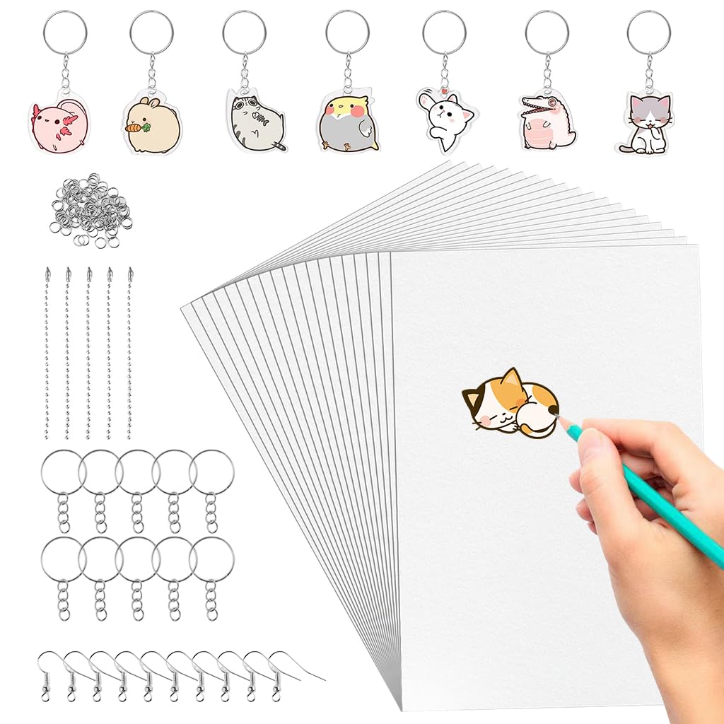 HASTHIP® Kit de Hojas de Plástico Termoencogible 20 Piezas con 100 Ganchos Metálicos y Anillos para Llaveros,Manualidades DIY Dibujos,Accesorios Arte para Crear Llavero Colgantes y