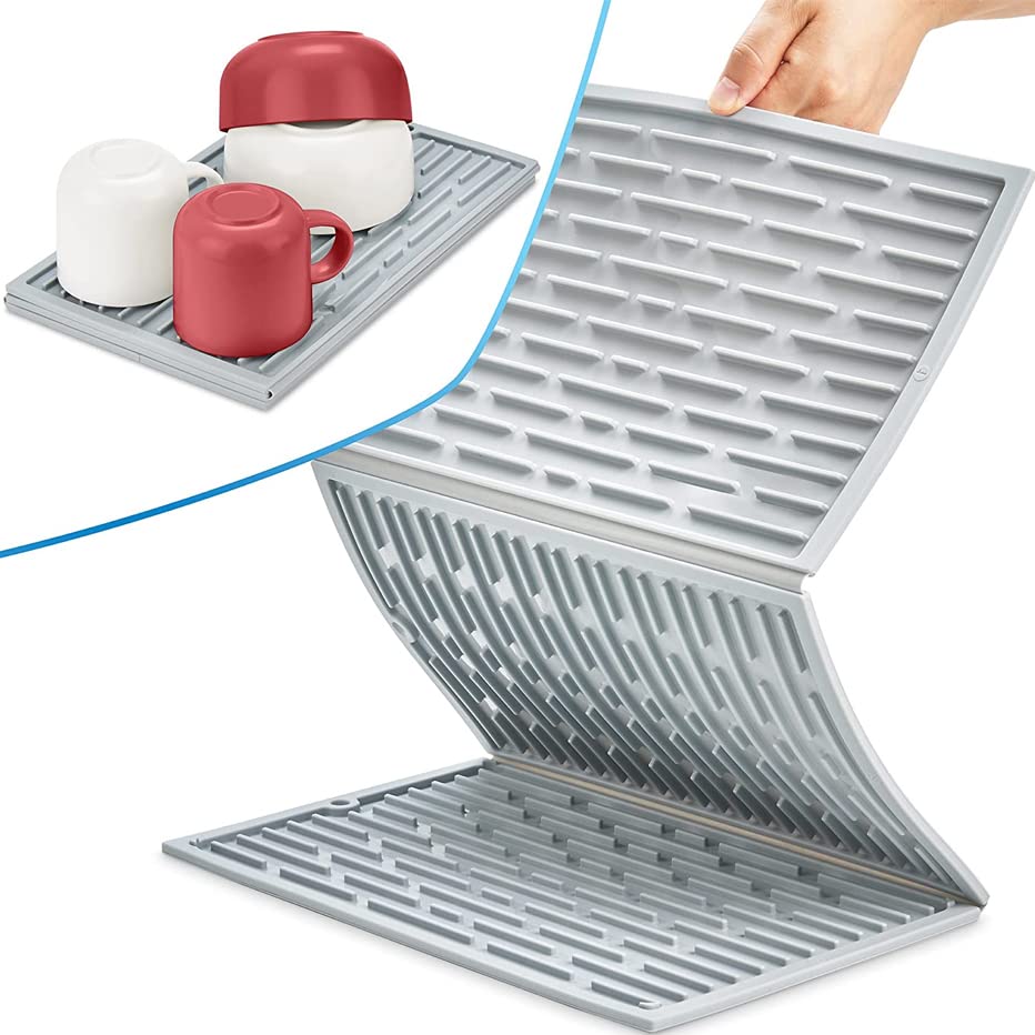 HASTHIP® Silicone Dish Drying Mat, Collapsible Trifold Drying Mat for Kitchen Utensils, 24 * 13'' Extra Large Dish Drainer Mat, Heat Resistant Slip-Proof Tray, Folding Draining Silicone Mat(Grey)