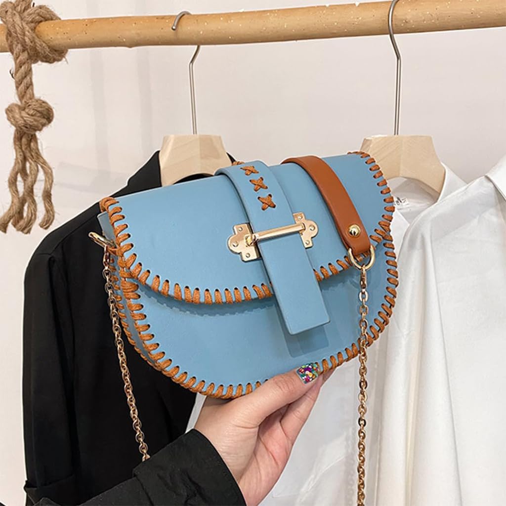 HASTHIP DIY Leather Shoulder Bag Kit for Beginners with Pre Cut Pieces and Metal Chain | Blue Handmade Purse Making Set
