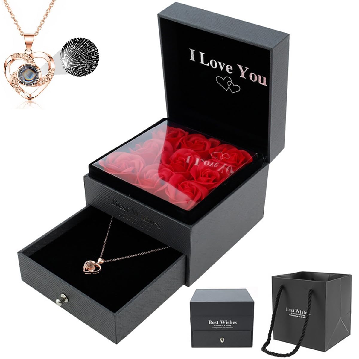 HASTHIP Eternal Rose Necklace for Women with 100 Language I Love You Projection | Gift Box Set