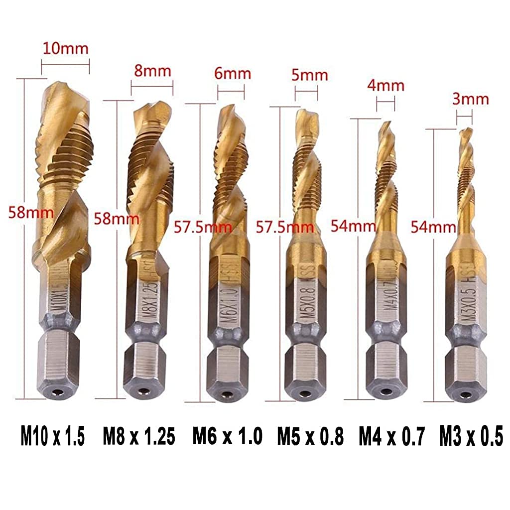 7 Pcs 1/4" Hss Spiral Hex Shank Combination Drill Screw Tap Bit Set (M3-M10) with Automatic Spring Loaded Center Punch Tool, Tap Drill Bits Threading Drill Bit Threading Bit Tool, Brass