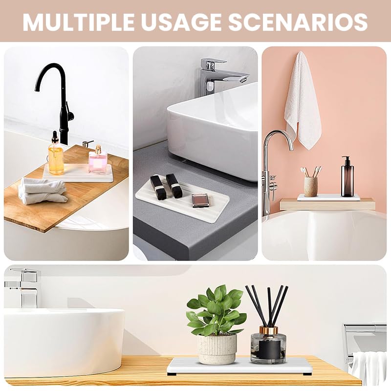 HASTHIP Bathroom Tray Absorbent Pads Set for Vanity Use featuring Non Slip Base and Quick Dry Diatom Mud | 3Pcs White Reusable Mats