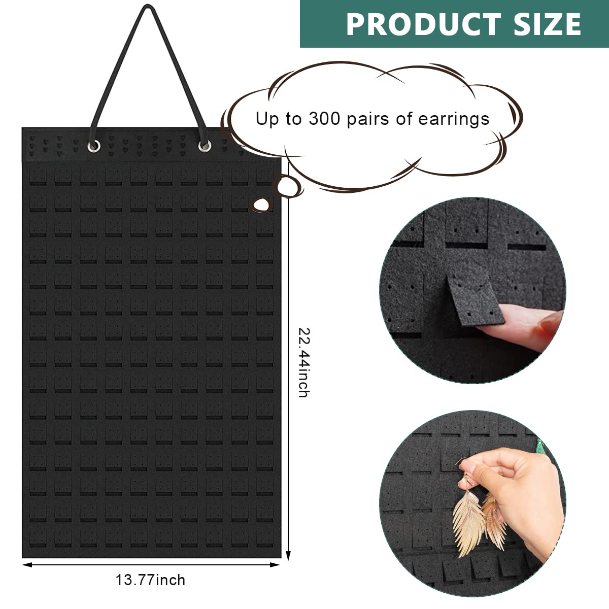 HASTHIP Wall Hanging Jewellery Organizer for Earrings and Necklaces with 35x70 cm Felt Board | Black Storage Display for Women