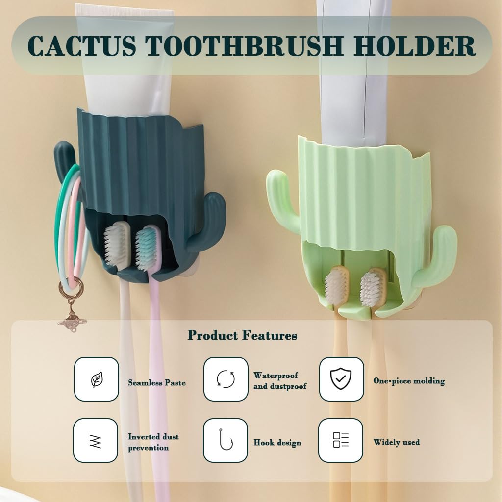 HASTHIP Toothbrush Holder for Bathroom Wall with Dual Slots and Self-Adhesive Mount | Green and Blue 2Pcs Set