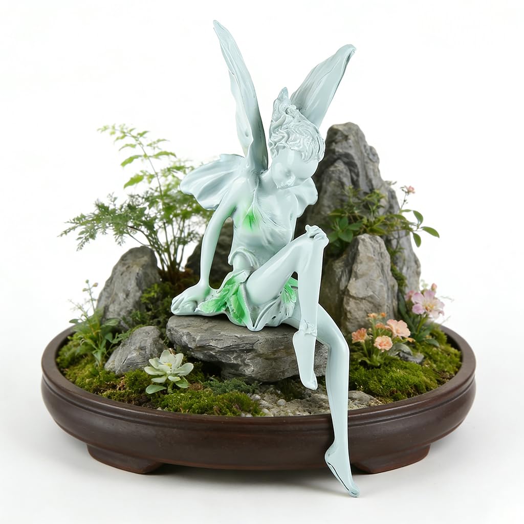HASTHIP® ORTIZA Resin Fairy Figurine Desktop Ornament, Sitting Angel Fairy Statue with Wings, Green Dress Elf Sculpture Fantasy Angel Sculpture for Shelf, Table & Home Decor, Home Decoration Items